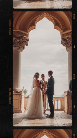 Brie Befell wearing Elizabeth Grace Couture on her wedding day in Italian castle