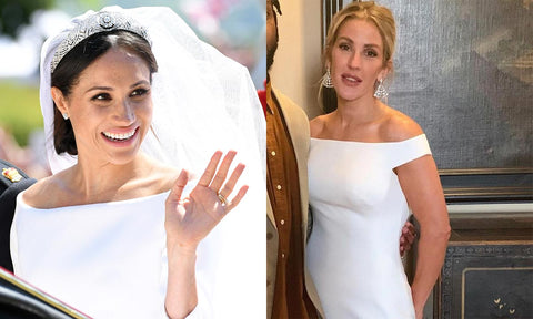 Ellie Goulding and Meghan Markle wearing similar wedding gowns