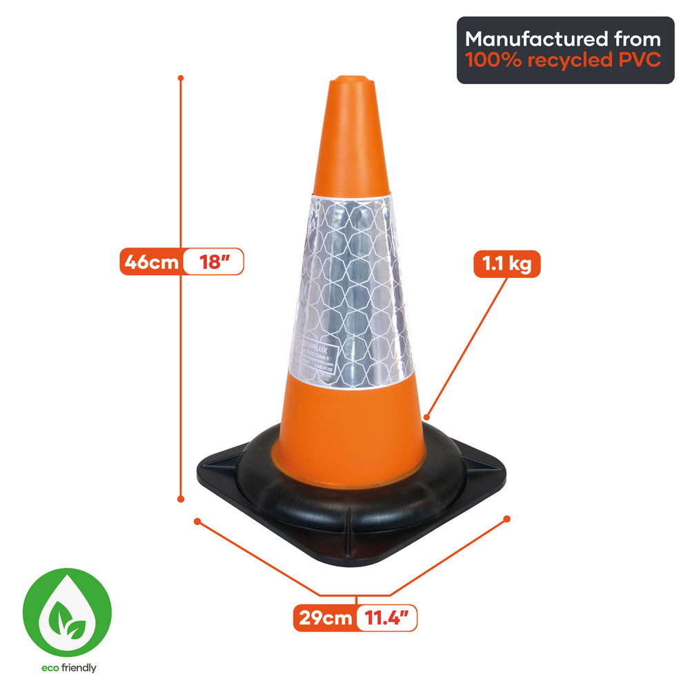 orange-460mm-eco-traffic-cone-road-safety-construction-reflective-uk-compliant-PVC-regulations-high-visibility-vehicle-control-demarcation-barrier-site-safety-events-sports-industrial-airports-schools-festivals-parking-lot-roadworks-starlux-prismatic-sleeve-customisable-weatherproof