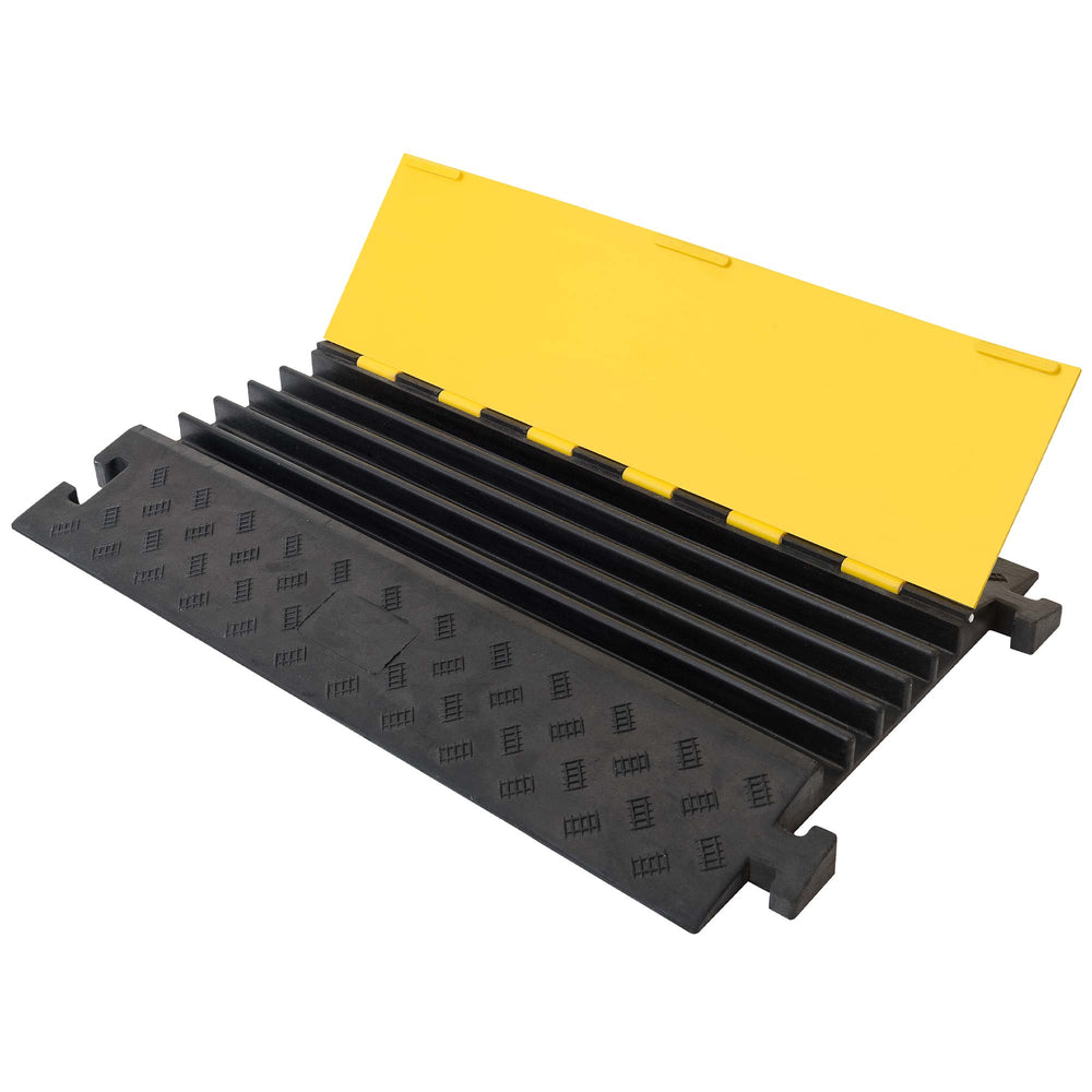 5-channel-Cable-protection-hose-ramp-channel-yellow-and-black-heavy-duty-outdoor-rubber-durable-industrial-flexible-roadworks-safety-medium-middle-section-piece