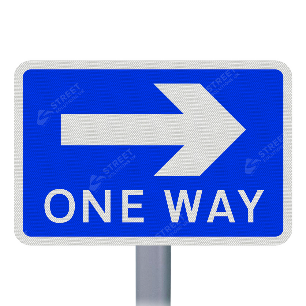 810- One way Right Arrow. road sign blue and white rectangle public and private street signage