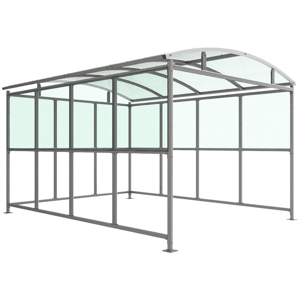 glendale-open-fronted-modular-smoking-shelter-outdoor-area-cigarette-smoke-waterproof-weather-resistant-public-spaces-university-bars-resteraunts-free-standing-galvanised-mild-steel-heavy-duty-durable-commercial-receational-PETG-curved-roof