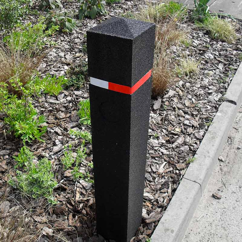Recycled-rubber-bollard-height-Black-with-reflective-band-Pyramid-head-Sub-surface-fix-Sustainable-Environmentally-friendly-Durable-Traffic-Safety-Parking-lot-Urban-