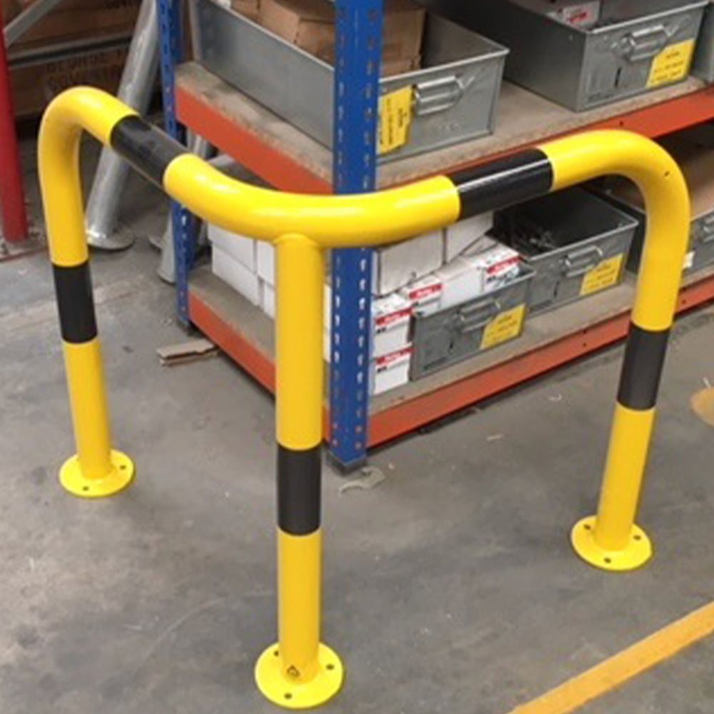 galvanised-warehouse-corner-protection-hoop-bolt-down-cast-in-guard-forklift-rack-bumper-steel-shelving-protector-impact-safety-industrial-hazard-precautions-damage-security-durable-heavy-duty-yellow-black-high-visibility