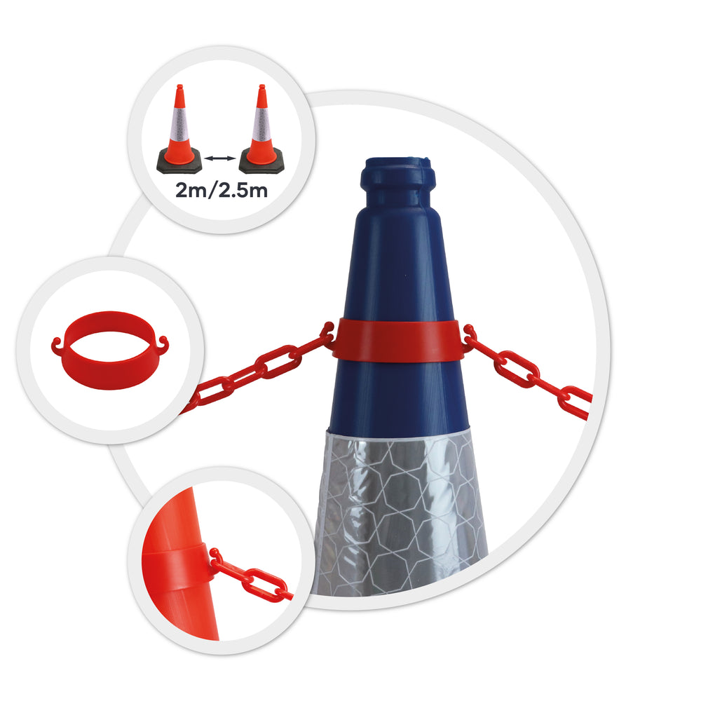 large 750mm road traffic cone and chain kit for temporary safety barrier  blue