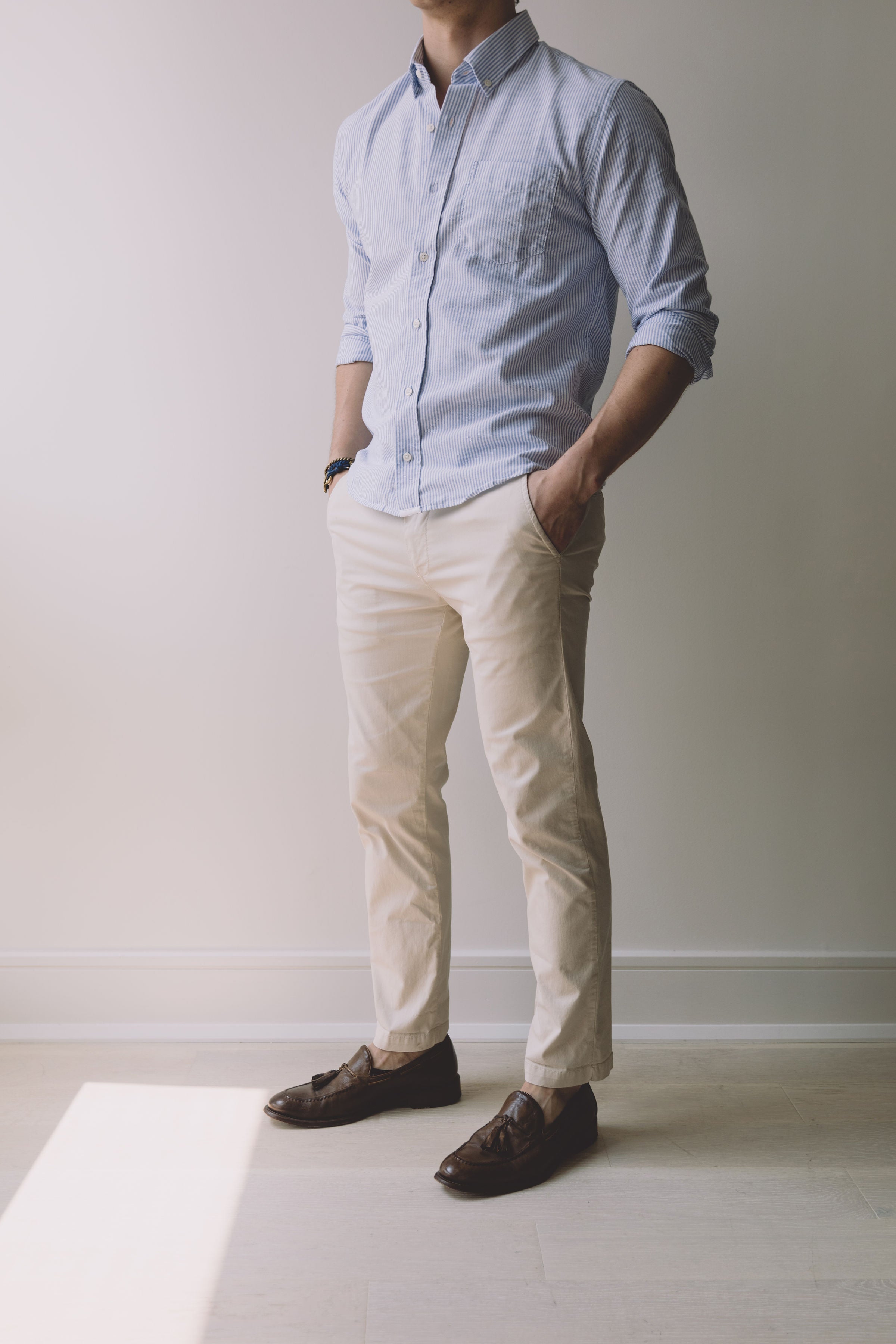 Lightweight chinos with blue stripe shirt