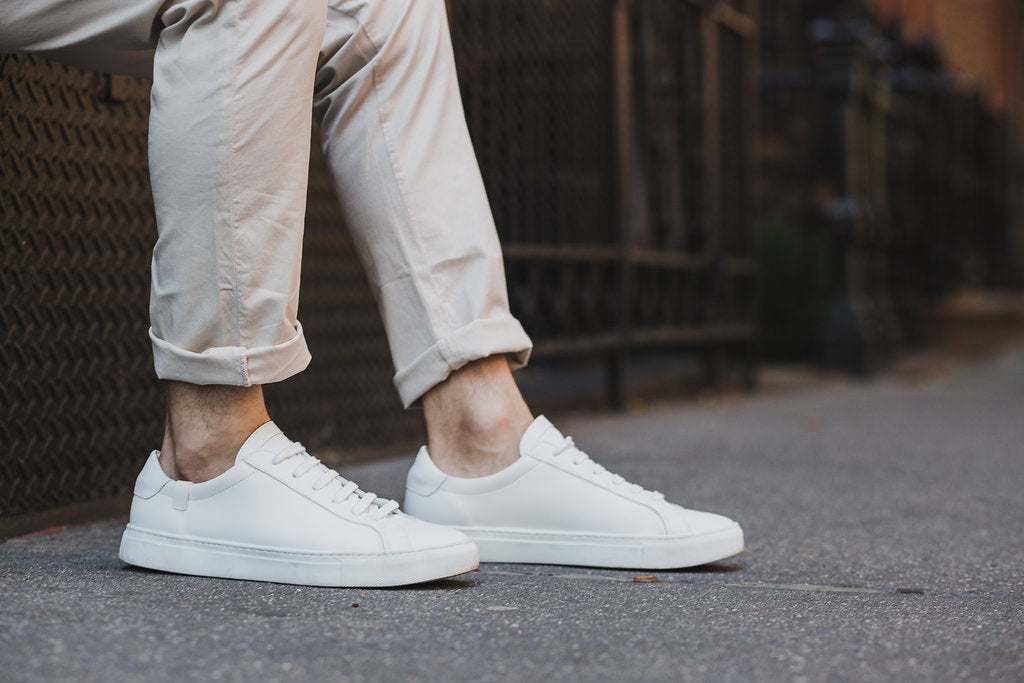 Cuffed chinos with white sneakers