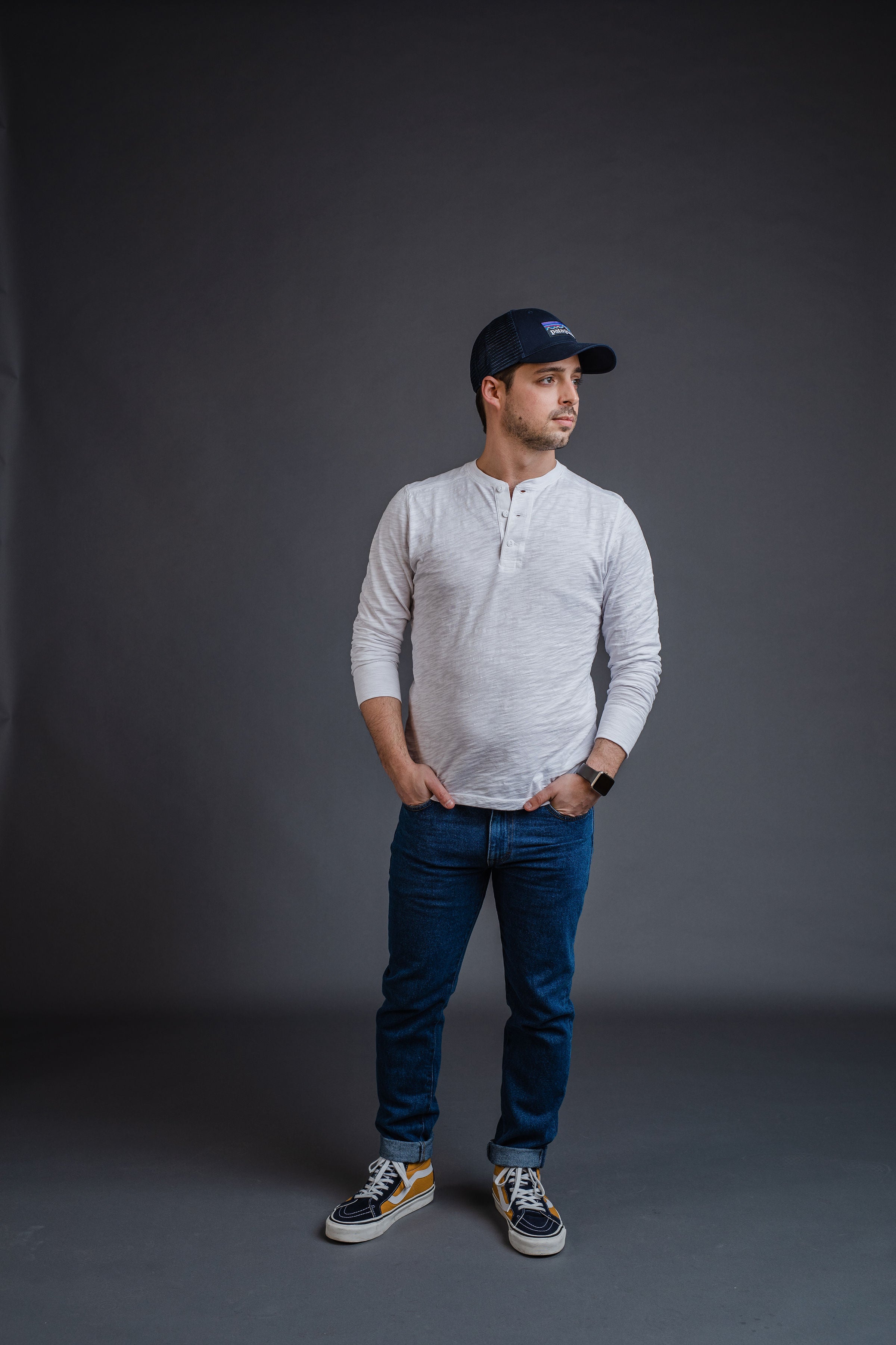 White Henley shirt with jeans