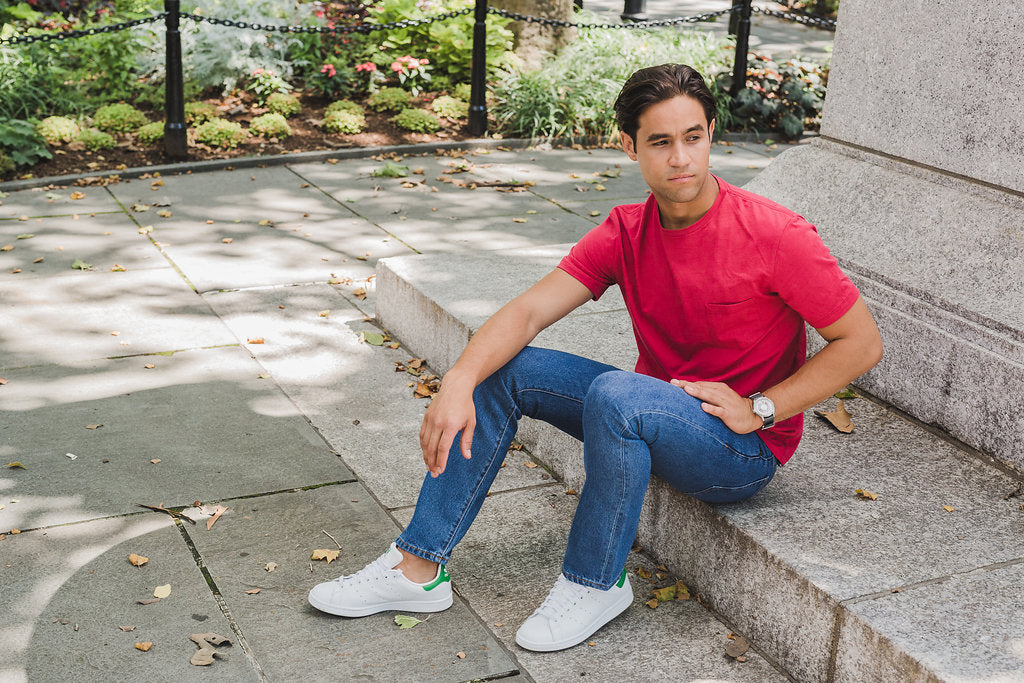 Red t-shirt with jeans