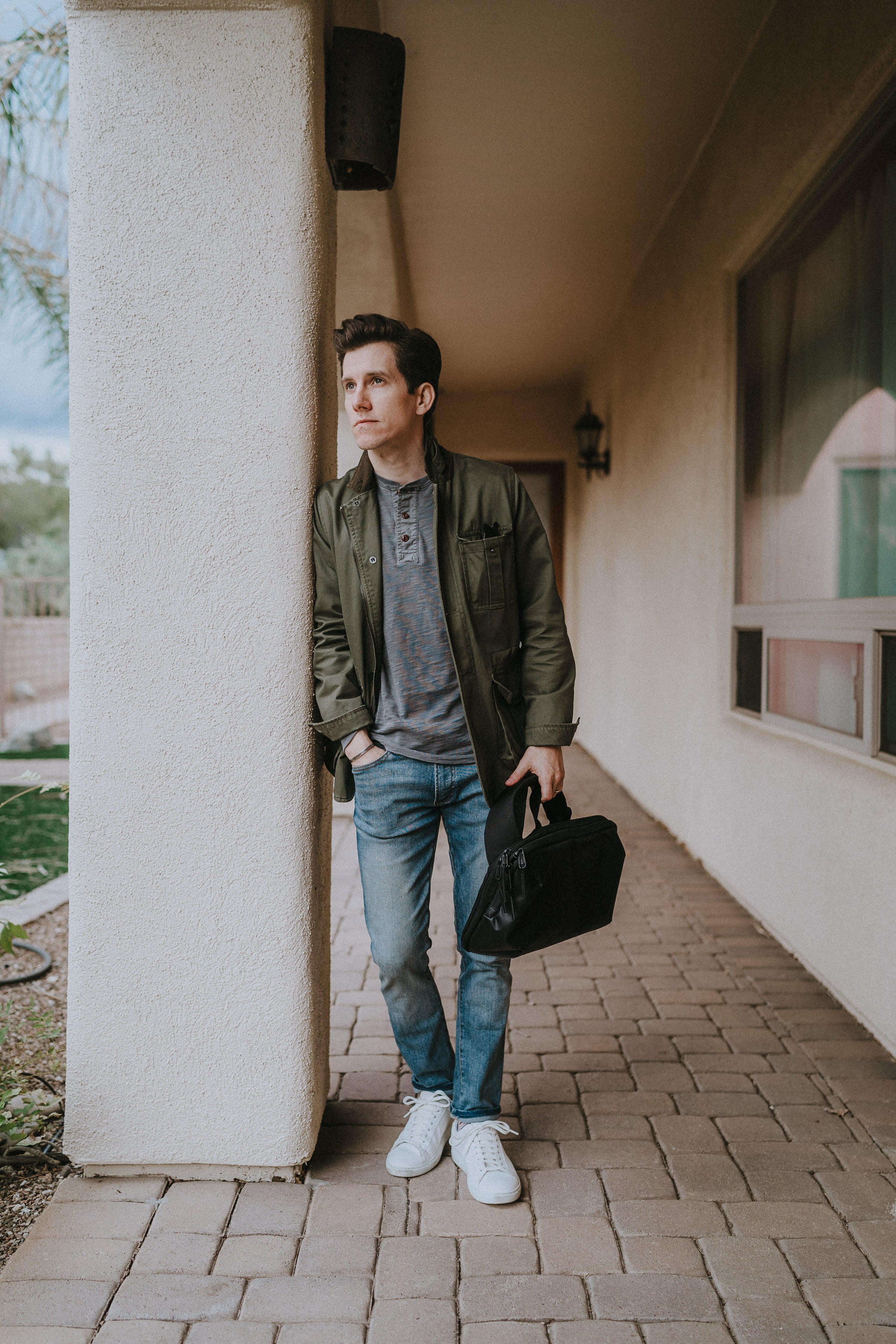 Grey Henley with olive field jacket