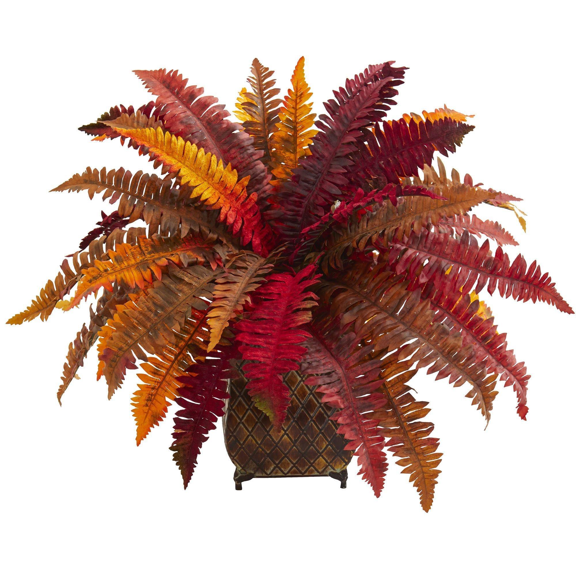 Autumn Boston Fern Artificial Plant in Metal Planter Nearly Natural