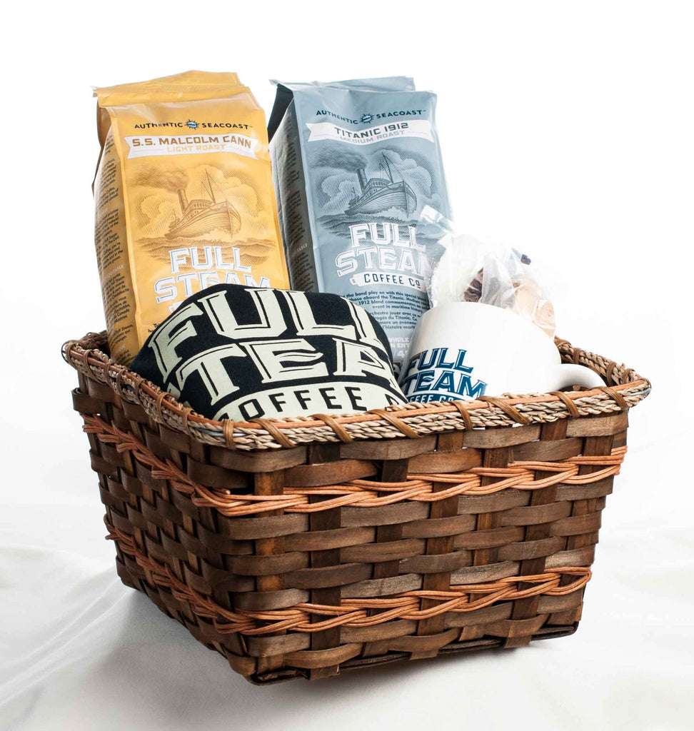 full steam coffee and t-shirt gift basket