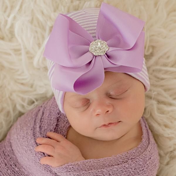 Newborn Girls White Hat with Dark purple Name Personalized Beanie with Bow