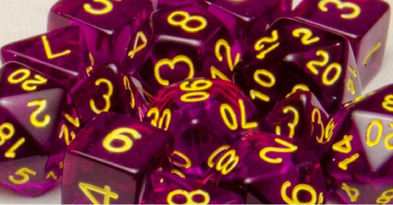 SET OF 7 POLYHEDRAL DICE TRANSLUCENT DARK PURPLE WITH GOLD NUMBERS 