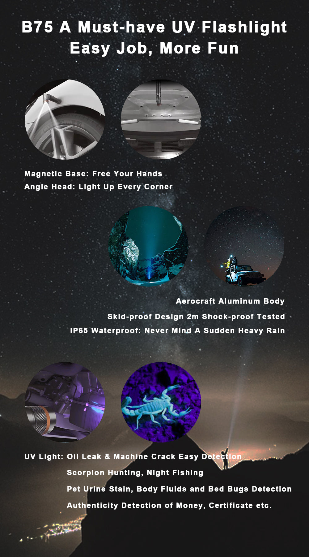 Nicron B75 Black Light Flashlight UV Flashlight with Magnetic Base Angle Head