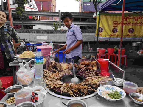 Chinese pork skewers street food in Burma