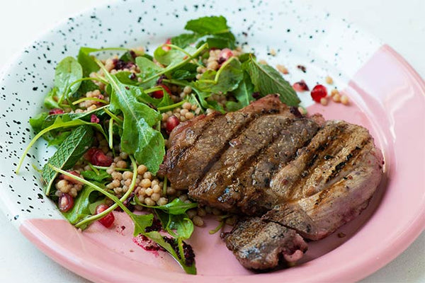 Chargrilled Hibiscus-Marinated Lamb With Rocket, Mint, Giant Couscous and Pomegranate Salad