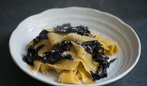 Papardelle and trompette mushrooms
