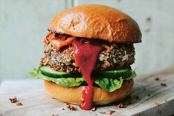 Tofu, Mushroom & Sesame Burgers with Kimchi