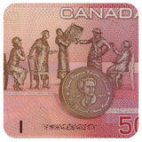 Canadian $50 2004 with a statue of the Famous Five, Emily Murphy, Henrietta Muir Edwards, Nellie McClung, Louise Crummy McKinney and Irene Parlby and the medal for the Thérèse Casgrain Volunteer Award