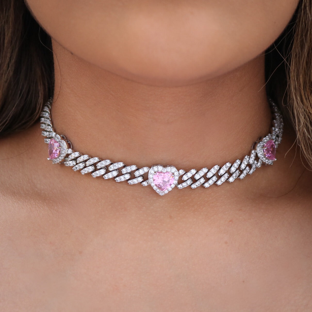 Iced Heart Pink Diamond Cuban Choker - White – Huerta Jewelry
