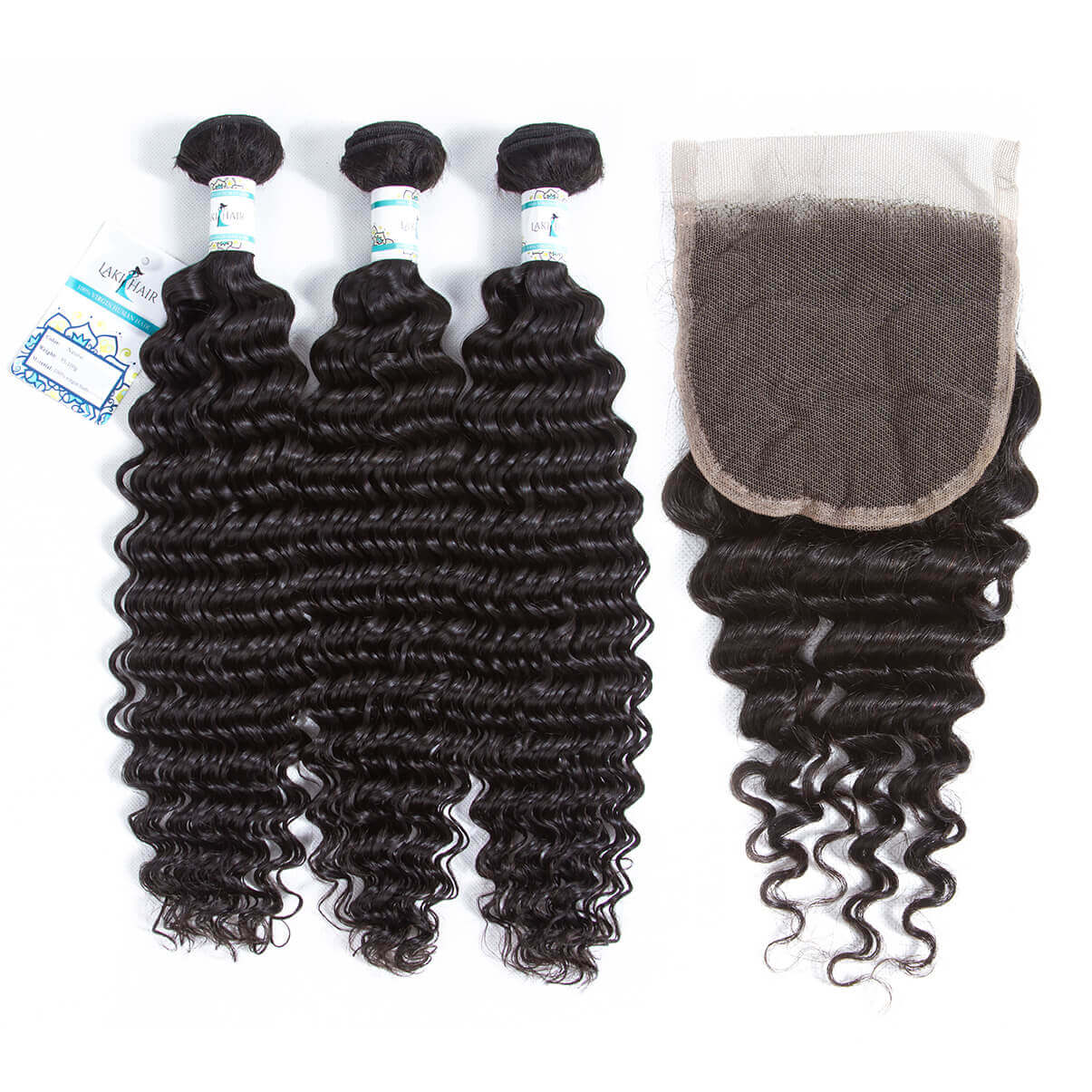 Lakihair 8A Brazilian Deep Wave Human Hair 3 Bundles With Lace Closure 4x4 Virgin Human Hair Weaves