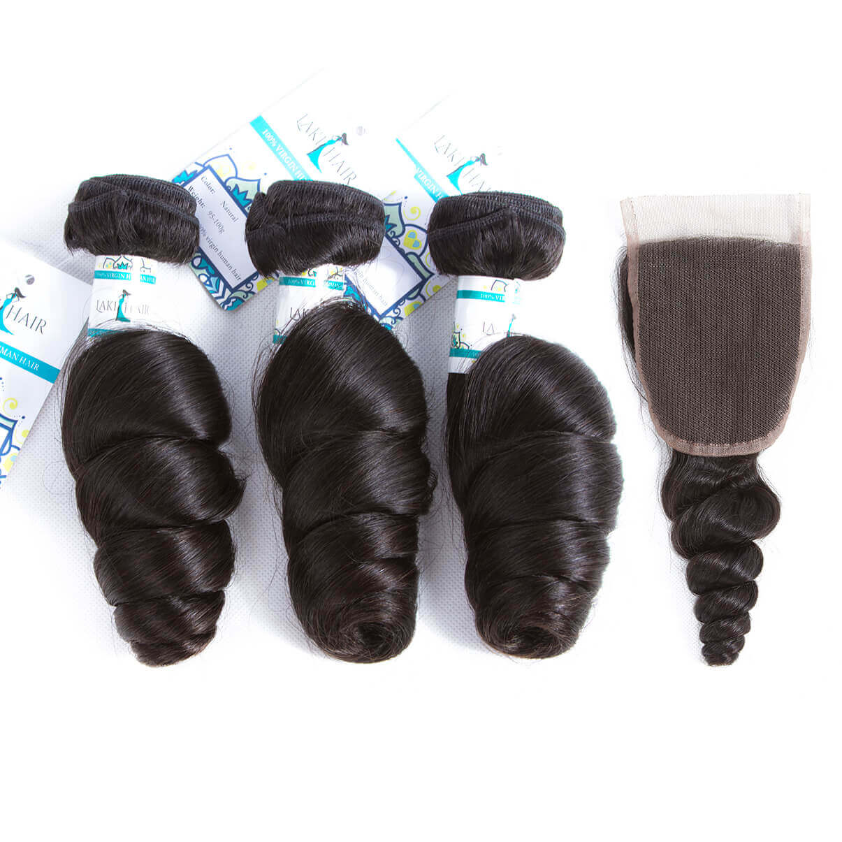 Lakihair Brazilian 8A Loose Wave 3 Bundles With Closure 4x4 Virgin Human Hair Weave