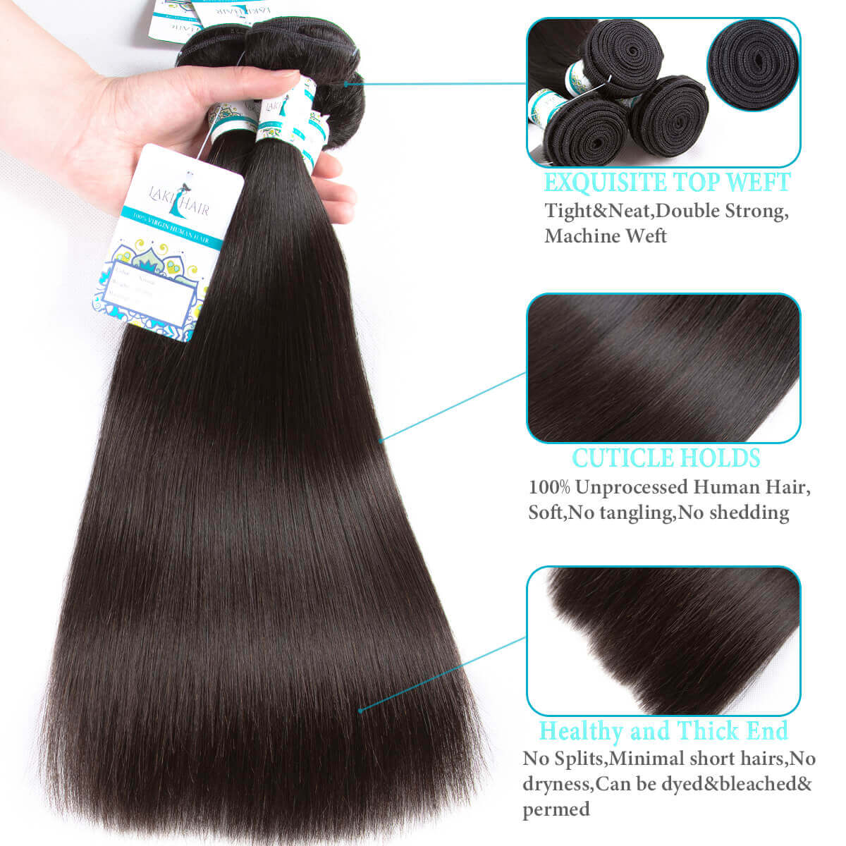 Lakihair 8A Brazilian Straight Hair 3 Bundles With Closure 4x4 Unprocessed Virgin Human Hair Bundles