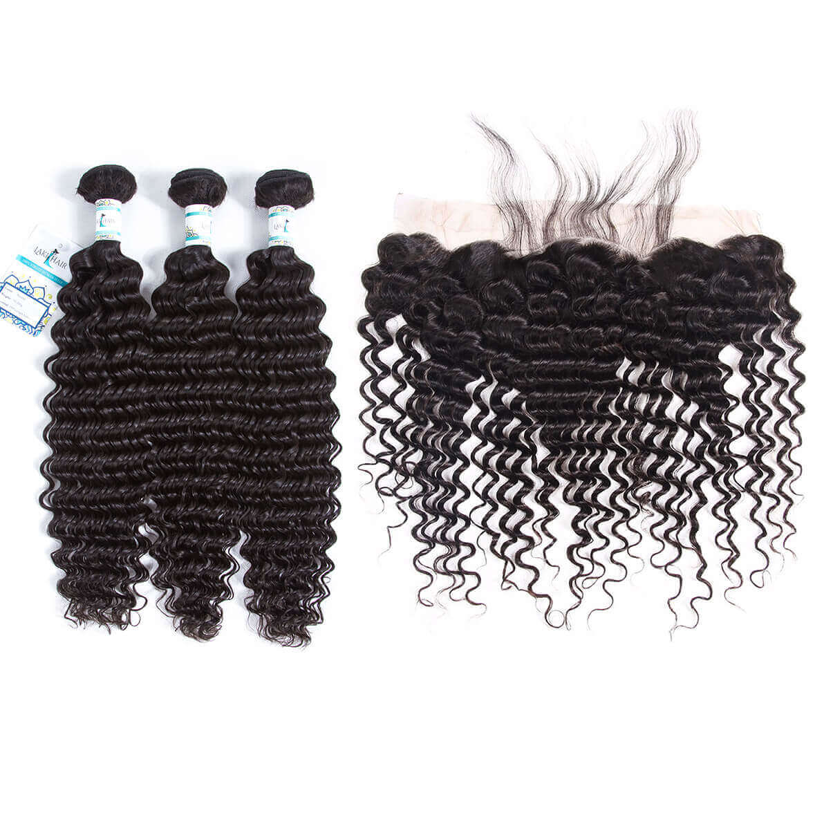 Lakihair 8A Brazilian Virgin Human Hair Deep Wave 3 Bundles With Lace Frontal Closure 13x4