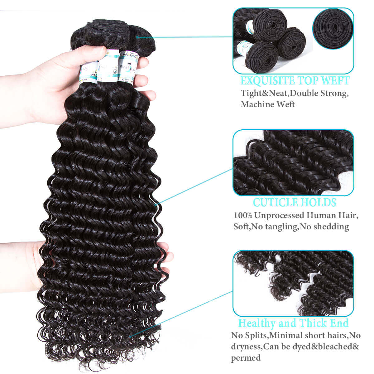 Lakihair 8A Virgin Human Hair Brazilian Deep Wave 4 Bundles With Lace Frontal Closure 13x4