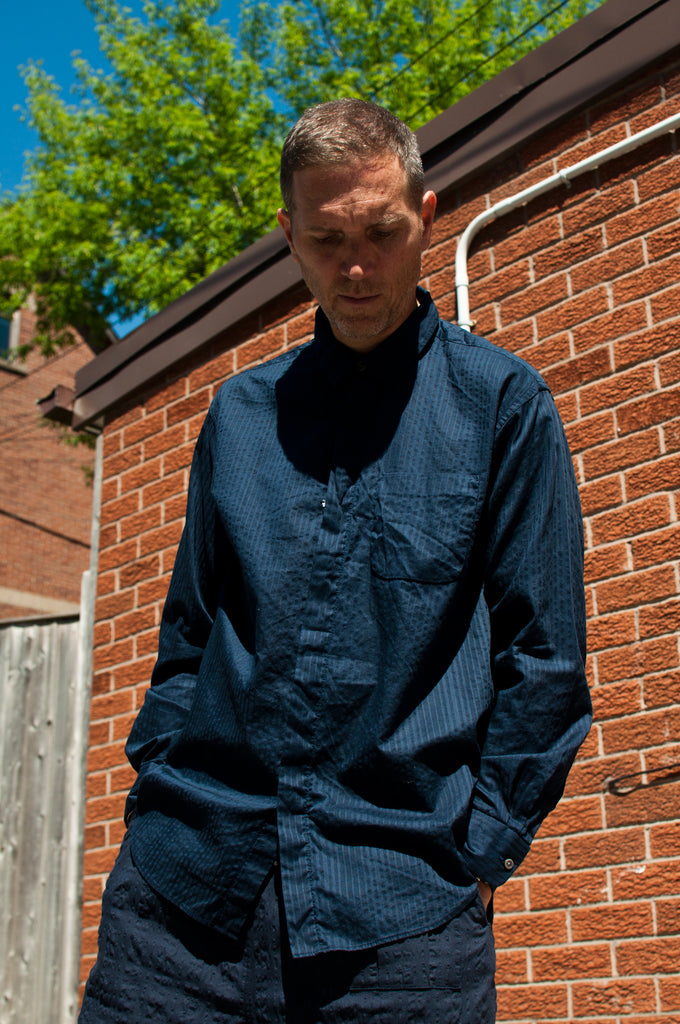 Engineered Garments Tone & Tone Dobby Short Collar Shirt Dark Navy at shoplostfound 1