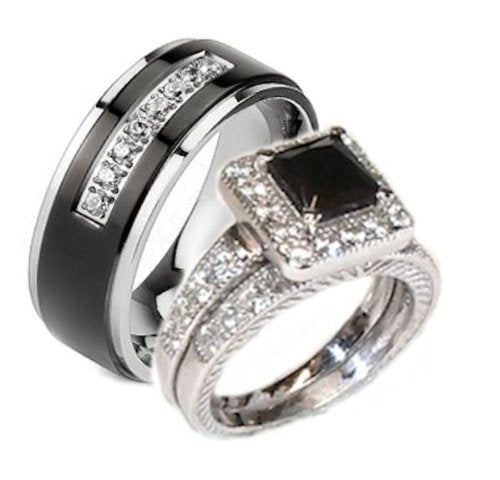 His Her 3 Piece Black White Cz Wedding Ring Set 05ab77