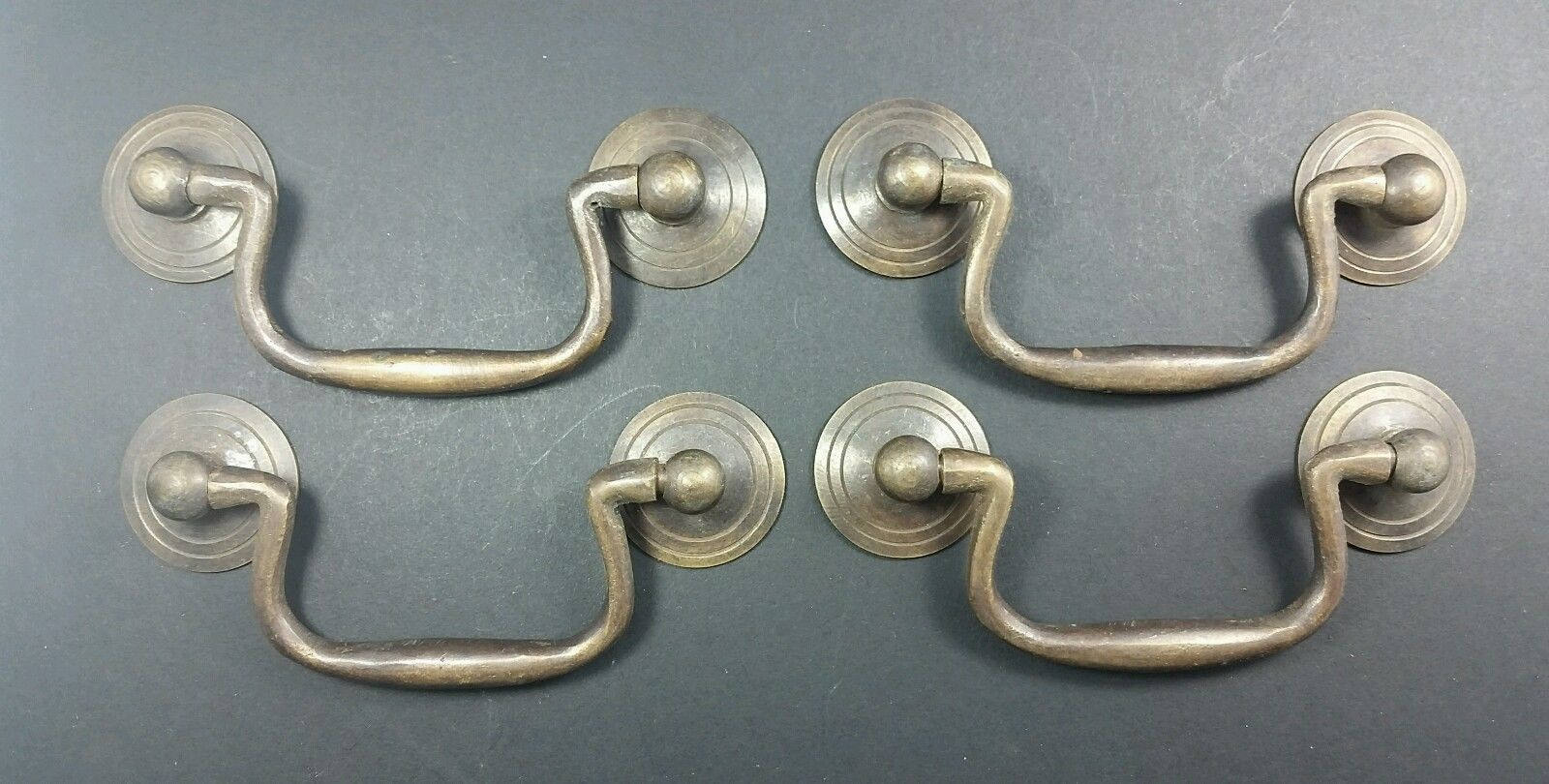 4 NOS Antique Brass Swan Neck Drop Bail Drawer Pull Handles w/screws 3-1/2"space 