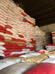 Large warehouse filled to the top with bags of parchment coffee waiting for further processing