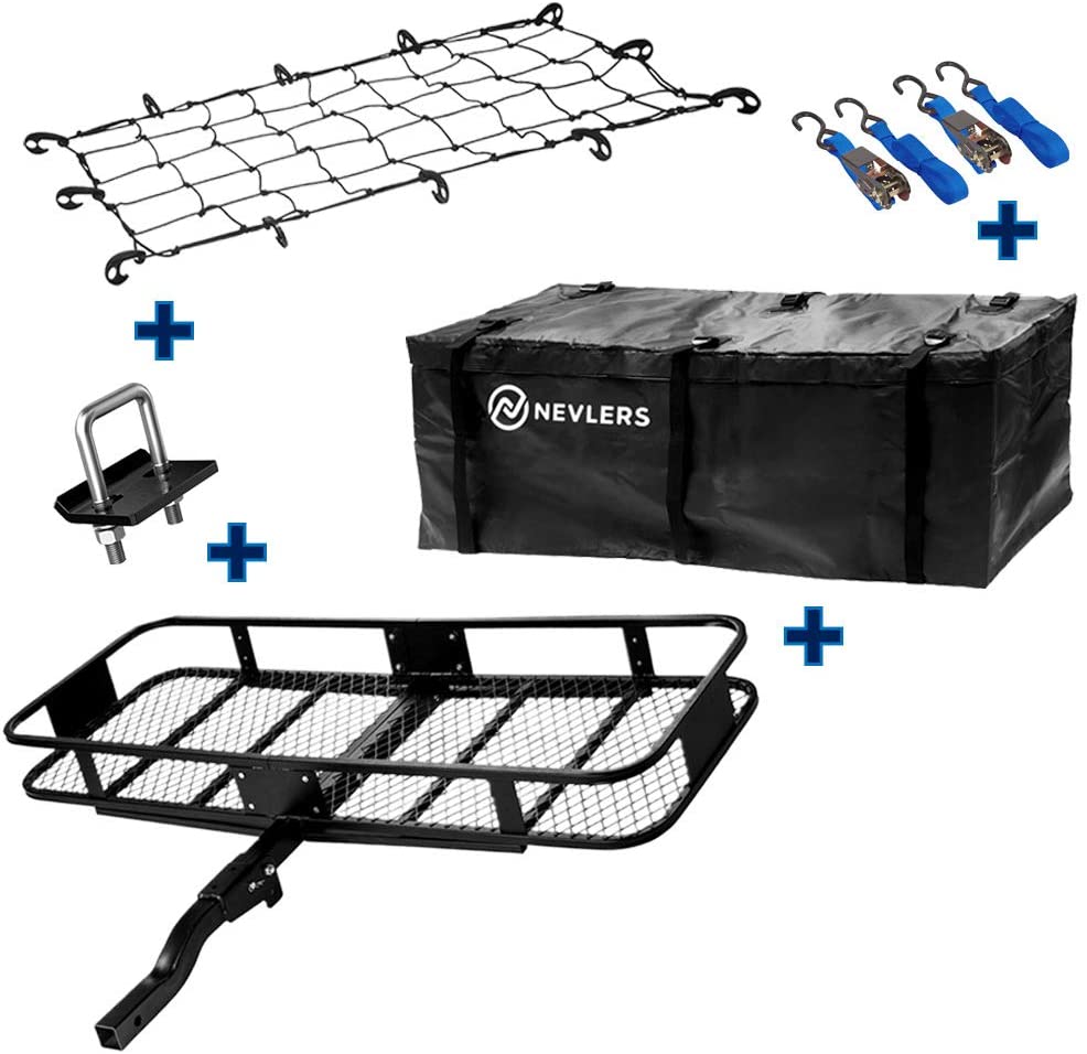 Great Additional Trunk Space 500 lb Weight Limit 2 Blue Ratchet Straps and Bonus Hitch stabilizer Waterproof Nevlers Folding Hitch Mount Cargo Carrier with Net 