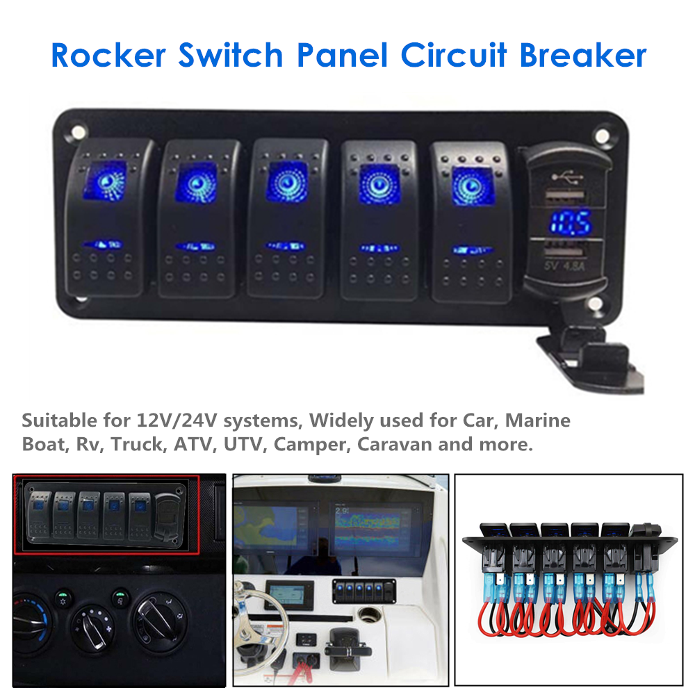 5 Gang Rocker Switch Board Blue LED for RV Boat Yacht Marine Car Marine Boat 12-24V 5 Gang Round Dash Rocker Toggle Switch Panel Car Switches Panel 