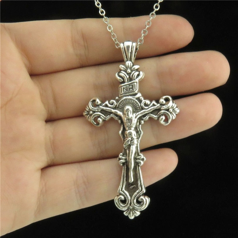 Silver Flower Crucifix INRI Jesus Cross 