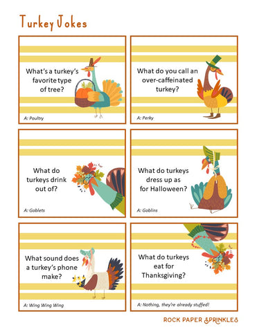 Printable thanksgiving jokes for kids with funny graphics of turkeys