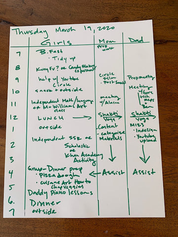 Homeschooling in the Methow week one sample schedule.