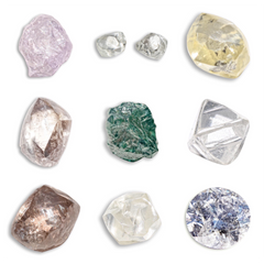 Lots of rough diamonds and raw diamonds and colored diamonds