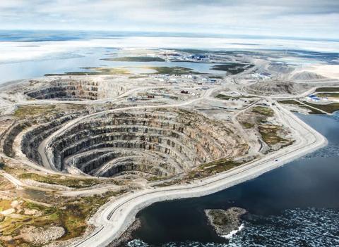 An aerial photograph of the Diavik diamond mine