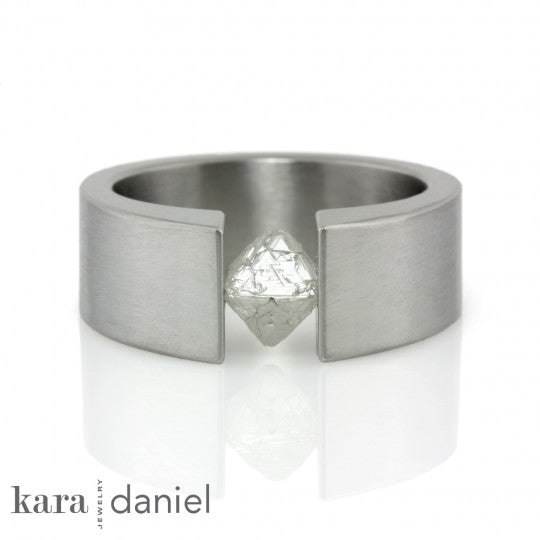 Tension set rough diamond engagement ring with octahedron by Kara Daniel Jewelry