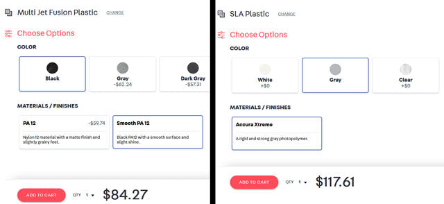 Shapeways price comparison of two materials Bup Labs uses