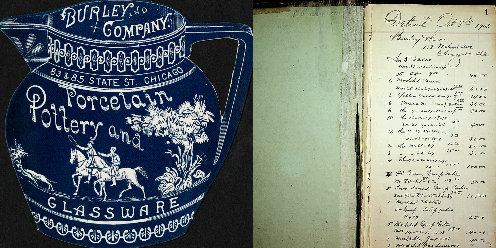 Burley and Company logo (left) and Pewabic’s first order recorded in Mary Chase Perry’s daybook (right)