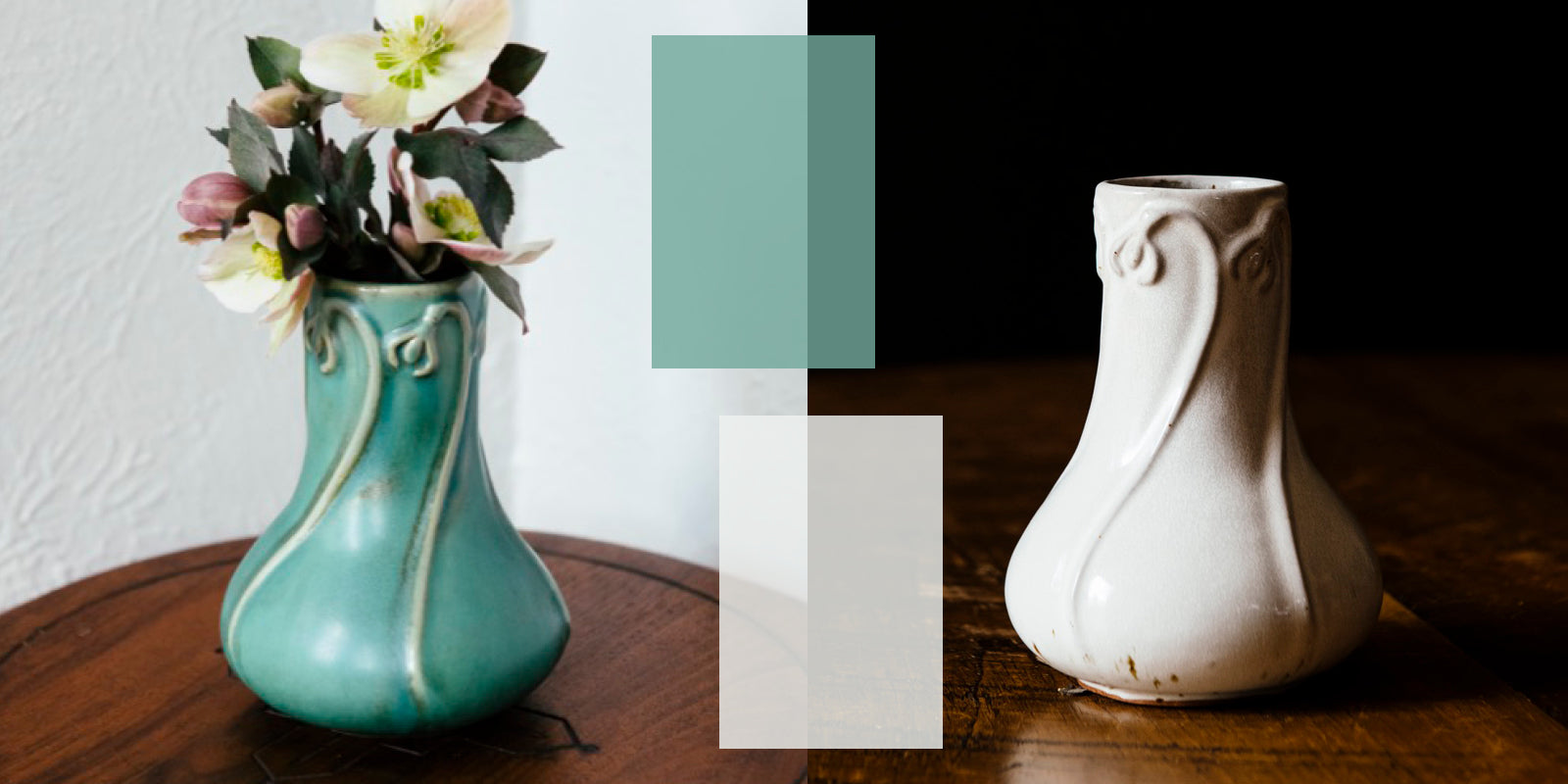 Snowdrop vases in Sorrel (left) and Birch (right) currently in production at Pewabic Pottery.