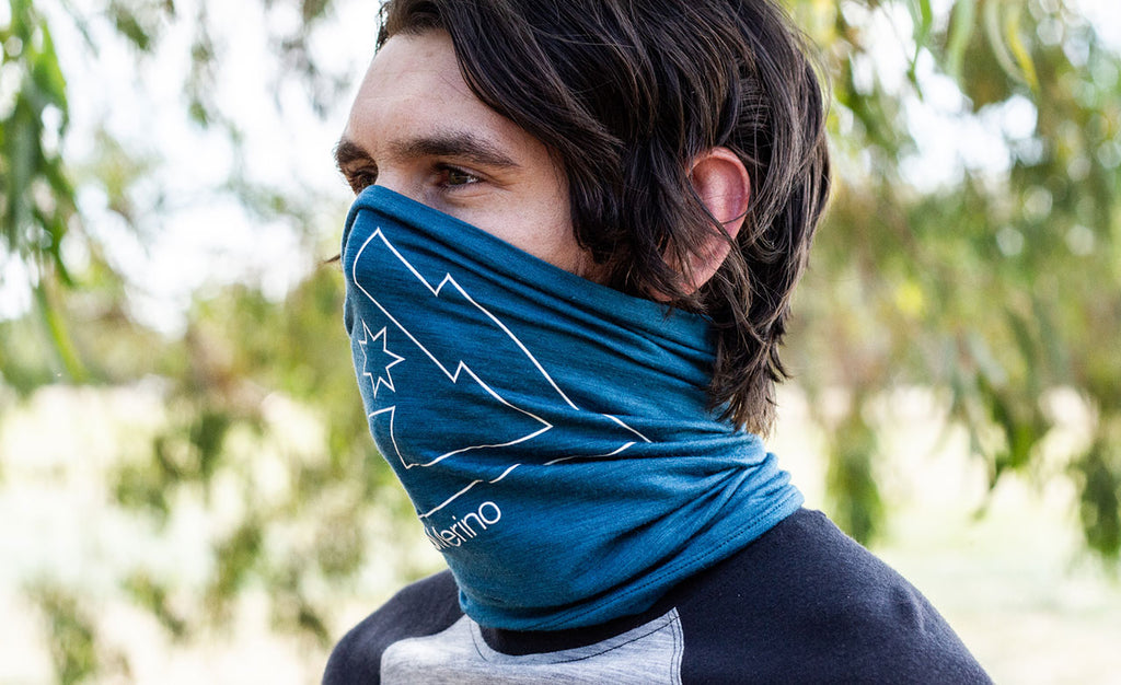 Man wearing an ioMerino Neck Warmer as a face covering