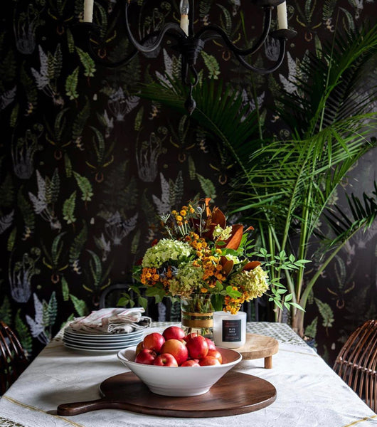 Black wallpaper feature wall for dining room
