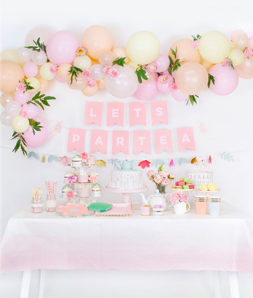 Pastel tea party box themed party table set up look