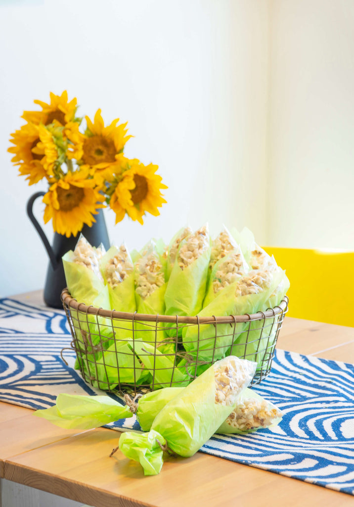 Corn on the cob popcorn treat bags for a farm birthday party 