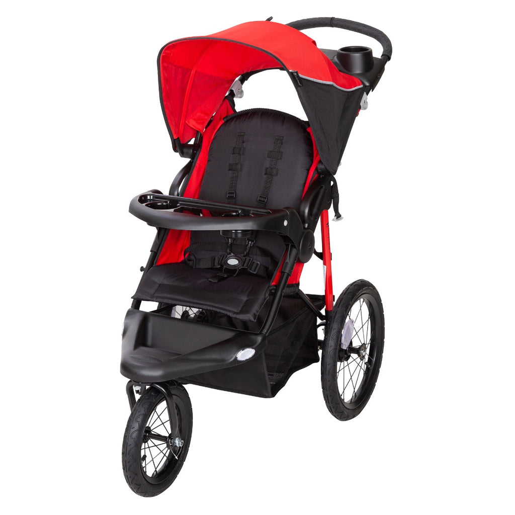 red and black stroller and carseat